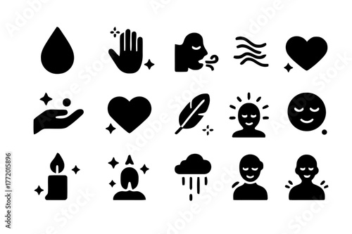 Emotional Release Icons. Emotional release. Solid icons set of emotional release: tear drop, open palm, exhale breath, flowing river, letting go gesture, soft