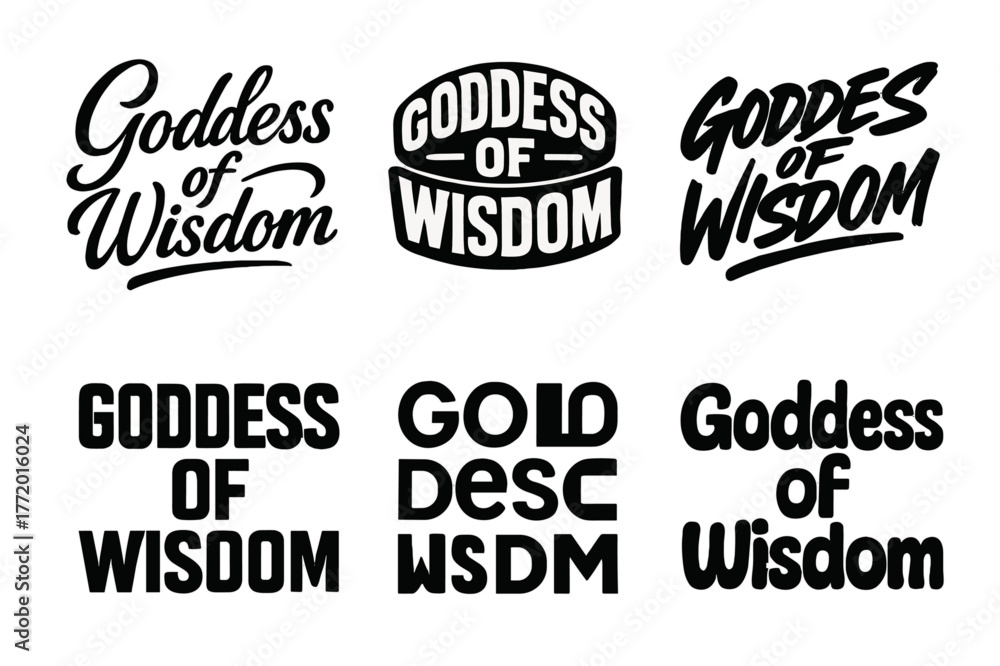 Fototapeta premium Wisdom Lettering Variations. Goddess of Wisdom. Set lettering. harmonious lettering variations of the same emblematic concept (Elegant script with flowing