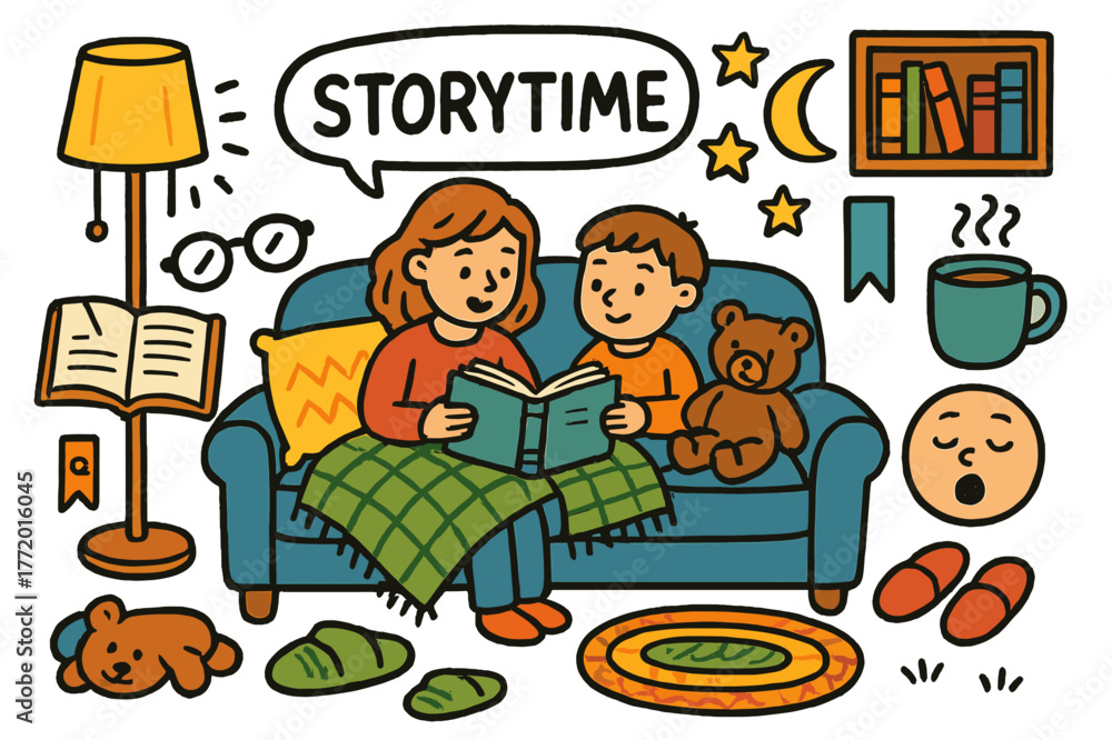 Fototapeta premium Cozy Storytime Scene. Storytime on the sofa. Colorful Hand-drawn doodle Children illustration Storytime on the sofa open book, blanket, pillows, lamp, glasses,