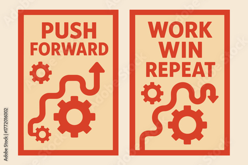 Push Forward Banners. Push forward. Two vertical A6 banners with safe margins, centered composition, no elements touching edges, flat vector design, red and