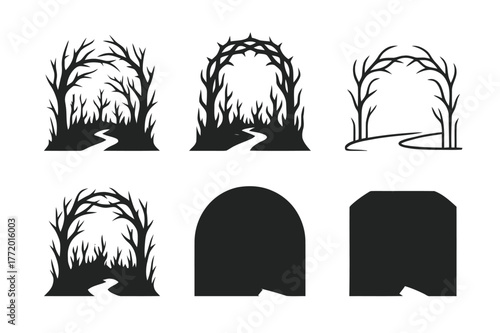 Hellscape Tree Logos. blackened trees in hellscape. Set Logo of blackened trees in hellscape: Thorned bramble arch over path. Icon set. harmonious logo