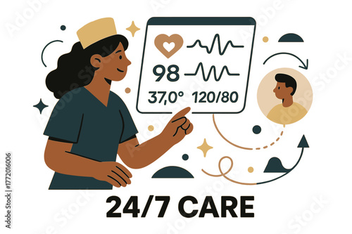 Remote Health Monitoring. Healthcare Tech ? Remote Monitoring. A nurse watches a floating dashboard with live vitals; thin pulse lines connect to a patient