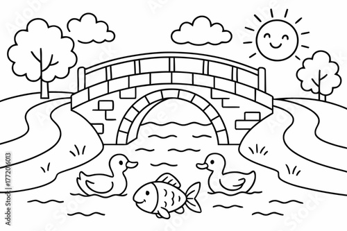 Kids' Coloring Bridge Scene. River bridge embankment children?s coloring book illustration, outlined drawing, a small arched bridge connecting two walkways