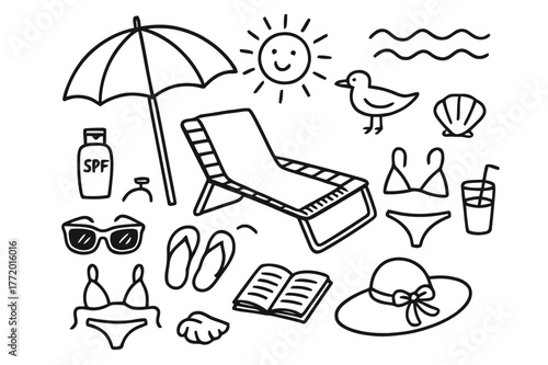 Beach Relaxation Doodles. Sunbathing. Hand-drawn doodle illustration sunbathing lounge chair, towel, umbrella, sunglasses, sunscreen, bikini, sandals, drink