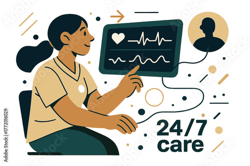 Remote Patient Monitoring. Healthcare Tech ? Remote Monitoring. A nurse watches a floating dashboard with live vitals; thin pulse lines connect to a patient