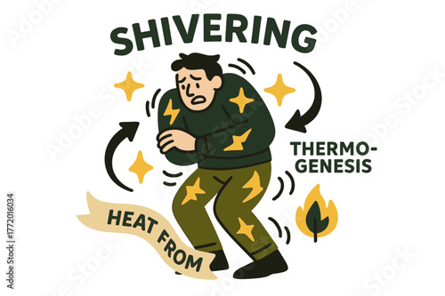 Dynamic Thermogenesis Motion. Shivering & thermogenesis. A figure trembles gently as spark icons ignite around muscles; ?Heat from motion? ribbon curls. A