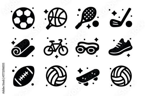 Sports Icons Collection. Sports and fitness. Solid icons set of Sports and fitness: soccer ball, basketball, tennis racket, golf club, dumbbell, yoga mat,