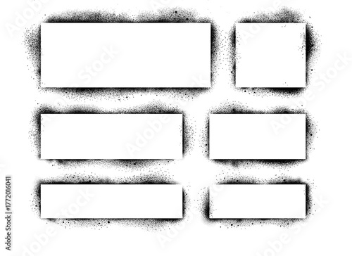 Spray paint graffiti stencil frames. Black airbrushing paint banner, stenciling backdrop and spray paint texture borders. Brush splash abstract rectangular stencil border. Isolated icons set