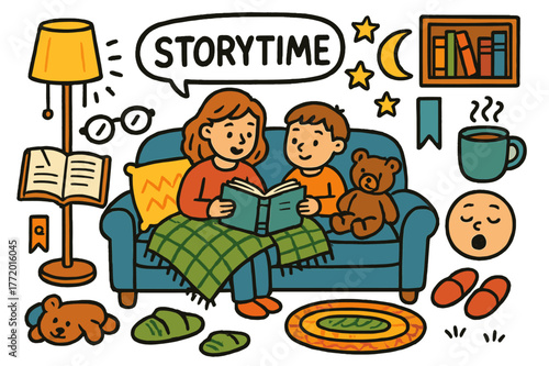 Cozy Storytime Scene. Storytime on the sofa. Colorful Hand-drawn doodle Children illustration Storytime on the sofa open book, blanket, pillows, lamp, glasses,