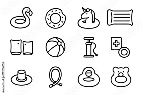 Inflatable Pool Icons. Inflatable Pool Toys. Line icon set of Inflatable Pool Toys: flamingo float, donut float, unicorn float, inflatable lounger, arm