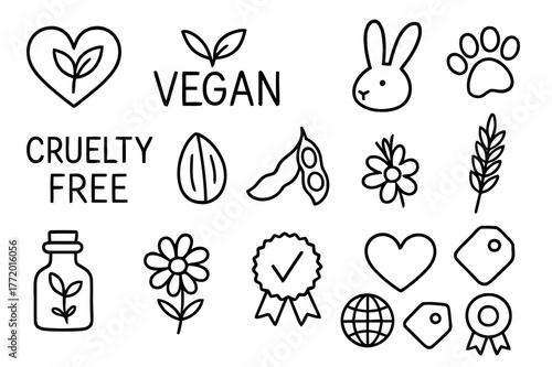 Vegan Label Icons. Vegan and cruelty-free labels. Hand-drawn doodle illustration Vegan and cruelty-free labels leaf heart, plant sprout, bunny outline, paw