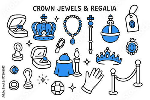 Regal Jewels Display. Crown jewels & regalia. Hand-drawn doodle illustration crown jewels & regalia [jeweled crown (accented), royal necklace (accented),