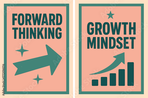 Retro Growth Banners. Forward thinking. Two vertical A6 banners with safe margins, centered composition, no elements touching edges, retro, pink and teal,