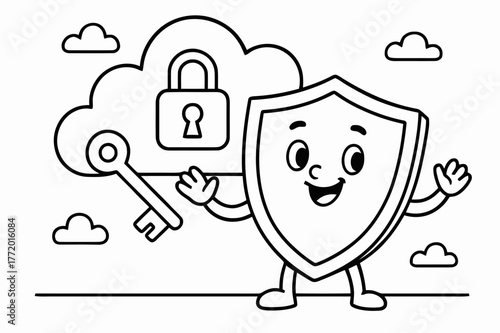 Happy Shield Coloring. Cyber security for kids children?s coloring book illustration, outlined drawing, a happy shield character guarding cloud data with a