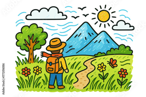 Mountain Adventure Doodle. mountain view. Colorful Hand-drawn doodle Children illustration mountain view person, tall grass, wind, distant mountain, clouds,