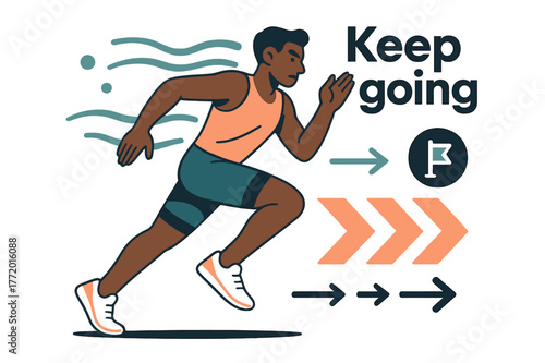 Dynamic Sprint Illustration. Runner in motion. A sprinter slices through ribbons of air; ?Keep going? floats above pace marks. Footsteps align as bold chevrons