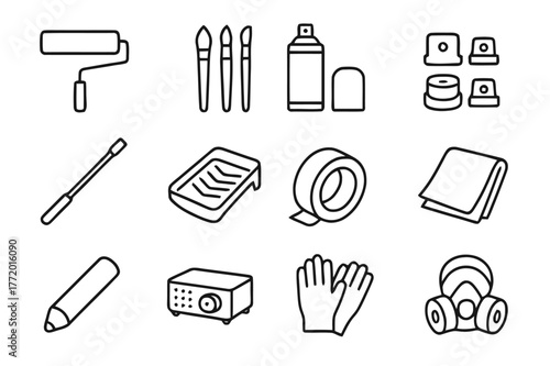 Mural Artist's Toolkit Icons. Mural Artist Toolkit. Line icon set of Mural Artist Toolkit: wide roller, brush set, spray can, cap nozzles set, extension pole,