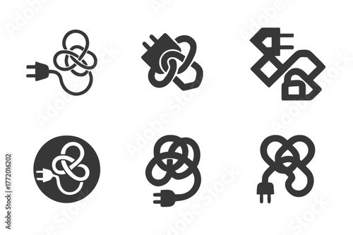 Tangled Cord Logos. Tangled Electric Cord. Set Logo of Tangled Electric Cord: snarled plug and loop. harmonious logo variations of the same emblematic concept,