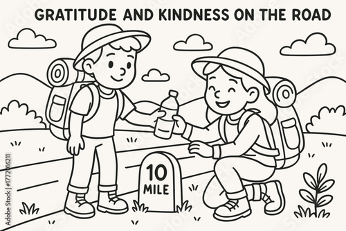 Travelers Sharing Kindness. Gratitude and kindness on the road children?s coloring book illustration, outlined drawing, travelers sharing water and helping