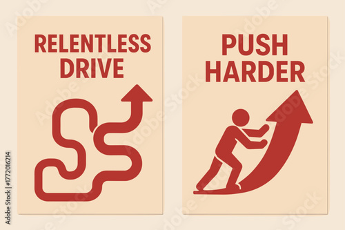 Relentless Drive Banners. Relentless drive. Two vertical A6 banners with safe margins, centered composition, no elements touching edges, flat vector design,