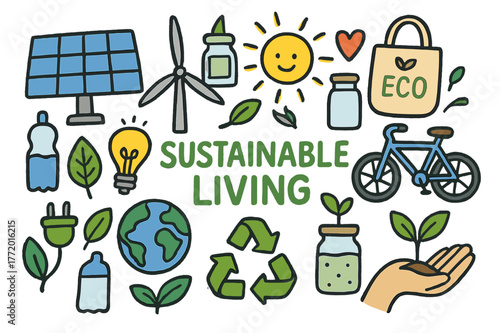 Sustainable Living Icons. Sustainable Living. Colorful Hand-drawn doodle Children illustration Sustainable Living solar panel, windmill, reusable bag, glass