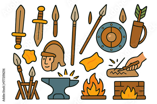 Bronze Weapons Doodle. Bronze weapons. Colorful Hand-drawn doodle Children illustration Bronze weapons sword, dagger, spear, arrowhead, shield, helmet, quiver,