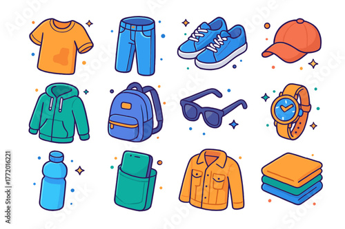 Casual Outfit Icons. Everyday casual outfits. Colorful isometric vector icons set of Everyday casual outfits: worn T-shirt, denim jeans, sneakers, baseball