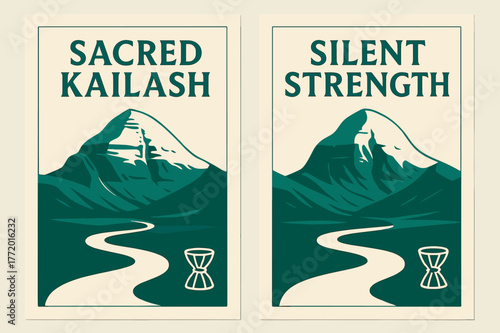 Sacred Kailash Banners. Kailash Silence. Two vertical A6 banners with safe margins, centered composition, no elements touching edges, modern, emerald and