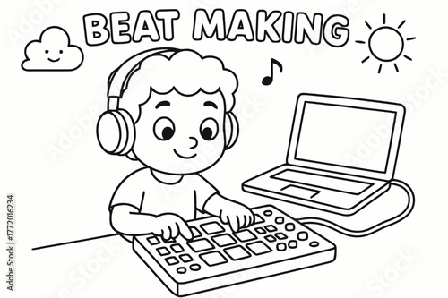 Beat Maker Coloring. Beat making children?s coloring book illustration, outlined drawing, a producer tapping colorful pads on a drum machine connected to a
