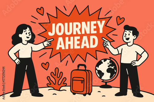 Adventure Awaits Banner. Journey ahead banner, flat vector illustration, bold oversized text inside splash explosion, cartoon characters standing and pointing,