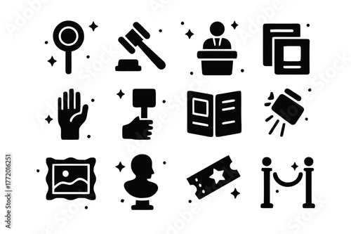 Art Auction Icons. Attending an art auction. Solid icons set of Attending an art auction: auction paddle, gavel, auctioneer podium, bidding hand, lot card,