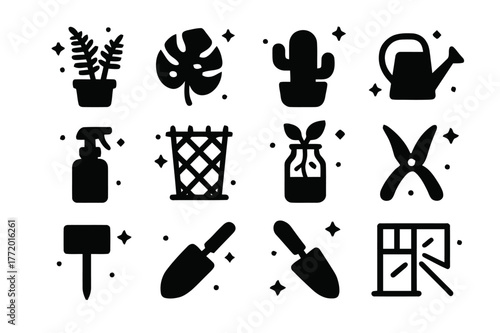 Window Plant Icons. Window Light and Plants. Solid icons set of Window Light and Plants: potted fern, monstera leaf, cactus, watering can, mister spray,