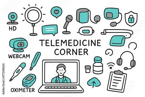 Telemedicine Essentials. // Telemedicine corner. Hand-drawn doodle illustration telemedicine corner [laptop with doctor call (accented), HD webcam (accented),