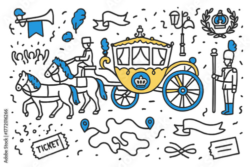 Royal Carriage Parade. Royal carriage procession. Hand-drawn doodle illustration royal carriage procession [gilded carriage (accented), horse pair (accented),
