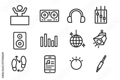 DJ & Dancefloor Icons. DJ and Dancefloor. Line icon set of DJ and Dancefloor: DJ booth, turntables, headphones, mixer sliders, speaker, equalizer bars, disco