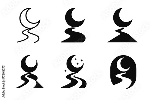Moonlit Path Logos. Moonlit path. Set Logo of Moonlit path: crescent moon illuminating track. harmonious logo variations of the same emblematic concept, each