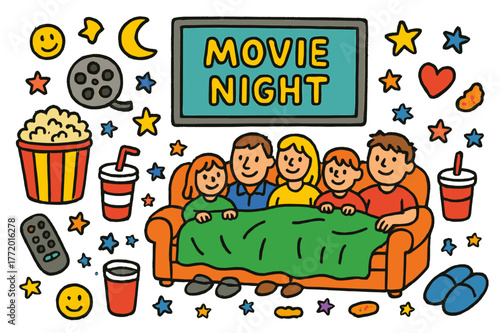Family Movie Night. Family movie night. Colorful Hand-drawn doodle Children illustration Family movie night popcorn bowl, TV screen, couch, blanket, remote