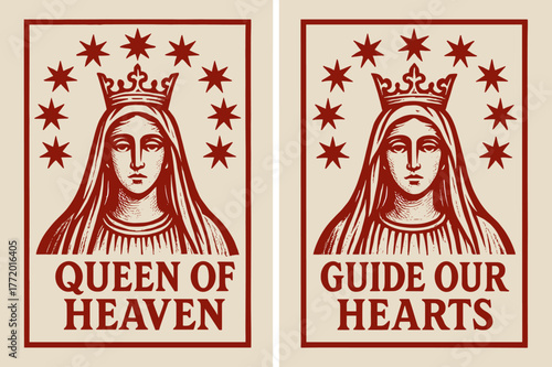 Regal Heavenly Banners. Queen of Heaven. Two vertical A6 banners with safe margins, centered composition, no elements touching edges, bold, red and beige,