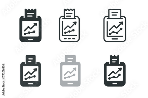 Retail Trend Icons. Retail trend graph. Set Logo of Retail trend graph: POS terminal with trendline. Icon set. harmonious logo variations of the same