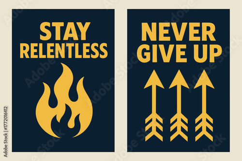 Navy Gold Motivation. Stay relentless. Two vertical A6 banners with safe margins, centered composition, no elements touching edges, bold, navy and gold,