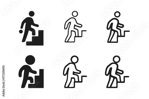 Progress Logos Grid. Learning to Embrace Failure as Part of Growth. Set Logo of Step-by-Step Progress: Filled silhouette, Minimal outline, Abstract geometric,