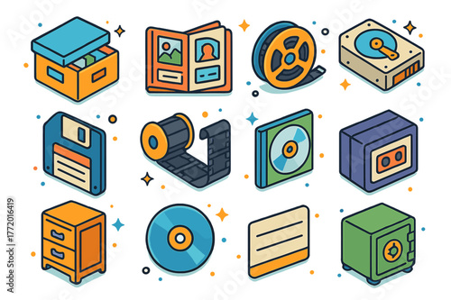 Colorful Storage Icons. Memory and archive storage. Colorful isometric vector icons set of Memory and archive storage: photo box, album book, film reel, old