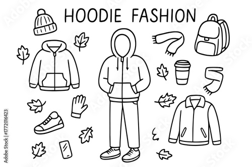 Hoodie Fashion Doodle. Hoodie Fashion. Hand-drawn doodle illustration Hoodie Fashion hoodie, person wearing hoodie, zipper, hood, pocket, jeans, sneakers,