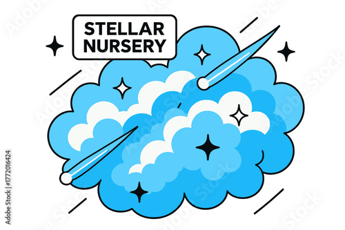 Stellar Nursery Illustration. Nebula ? Stellar Nursery. Gas clouds billow like cotton candy as tiny star icons ignite; a floating tag reads ?Stellar Nursery.?