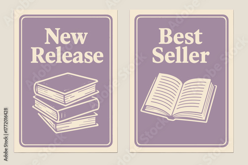 Retro Book Banners. PUBLISHING. Two vertical A6 banners with safe margins, centered composition, no elements touching edges, retro, lavender and cream, books,