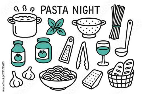 Pasta Night Doodles. // Pasta night. Hand-drawn doodle illustration Pasta night [boiling pot (accented), colander, spaghetti (accented), tomato sauce jar,