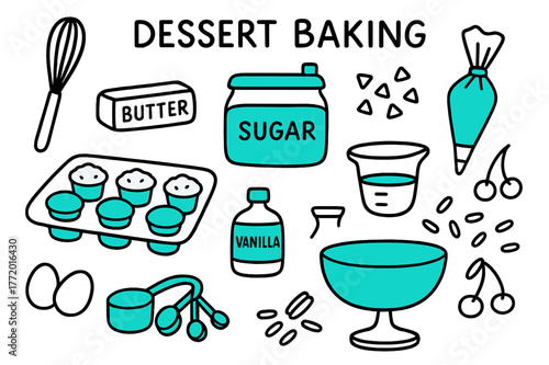 Dessert Baking Essentials. // Dessert baking. Hand-drawn doodle illustration Dessert baking [cupcake tray (accented), whisk, sugar jar (accented), butter