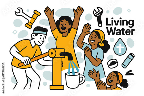 Clean Water Celebration. Clean Water Project. A well handle turns, blue arcs pour into a cup as villagers cheer; ?Living Water? appears in gentle lettering by