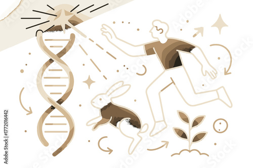 Cosmic Radiation Adaptation. Adaptation to high radiation. DNA glowing under cosmic rays, plants and animals outlined in luminous gradients. Survival through