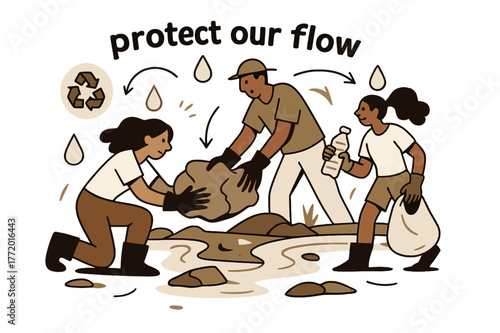 Riverside Cleanup Effort. River Ecosystem ? River Cleanup. Volunteers lift debris with gloved hands; floating icons of recycling and water drops circle around.